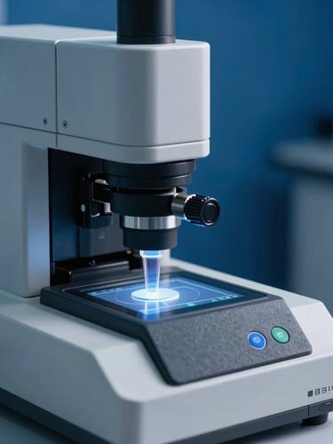 Close-up shot of a modern laboratory testing environment, cool clinical lighting, sharp focus on a high-precision digital spectrometer analyzing chemical samples, slate gray and deep blue background.
