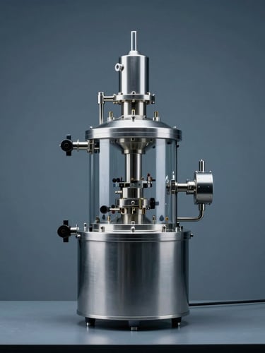 High-tech chemical reactor with cool clinical studio lighting, deep blue and slate gray tones, sharp focus, 35mm
