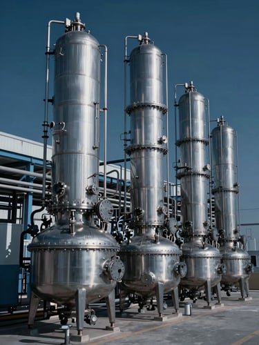 Wide environmental shot of a high-tech chemical manufacturing facility, cool crisp studio lighting, deep blue and slate gray tones, sharp focus on stainless steel reactors, 35mm