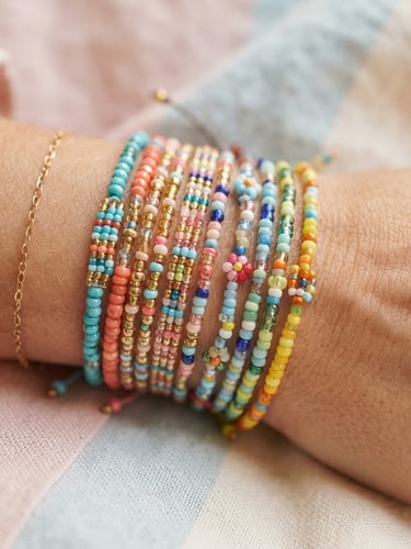 A close-up macro photograph of colorful hand-strung glass bead bracelets stacked on a wrist, resting against a soft pastel-tinted linen background under warm, diffused daylight.
