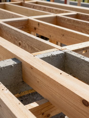 Close-up architectural shot of raw construction materials, textured wood grain framing, and fresh concrete curing under bright Florida sunlight.