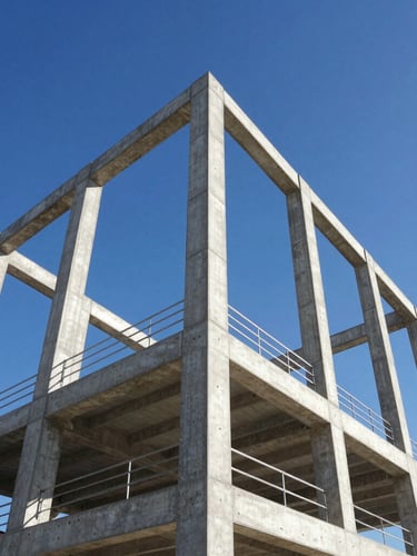 Low-angle architectural shot of a modern steel and concrete building frame under bright Florida daylight, clear blue sky, sharp focus, high-contrast