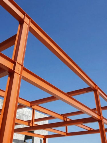 Low-angle architectural shot of a modern steel and concrete structure under a bright blue Florida sky, high-contrast daylight, vivid orange steel beams
