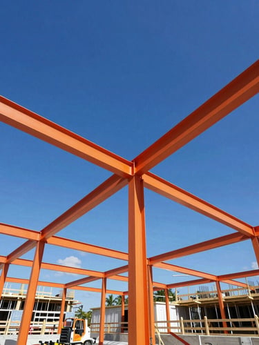 Low-angle dynamic shot of an active residential construction site in Florida, clean framing, bright daylight under a vivid blue sky, safety-orange steel beams cutting across the frame.