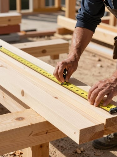 Close-up of a professional carpenter measuring clean southern yellow pine lumber on an active, organized construction site, bright daylight, sharp focus