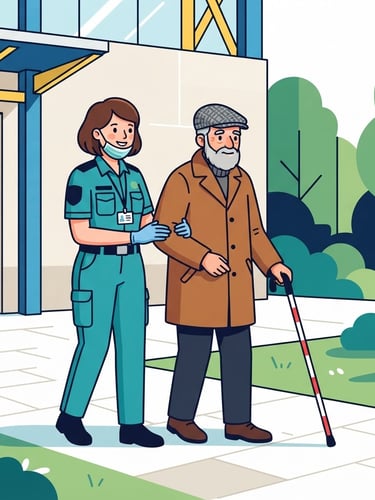 Clean high-contrast graphic illustration of a friendly quarantine officer guiding a citizen with a cane, flat colors, bold outlines, bright studio lighting