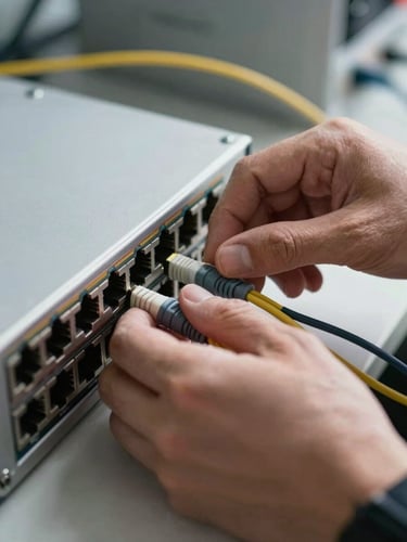 Close-up of a technician's hands configuring an ethernet switch, precise cable management, technical lighting.