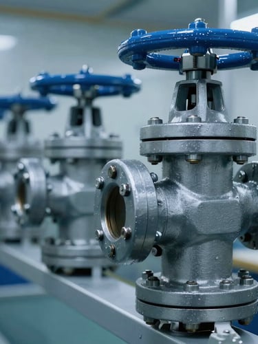 Close-up of a heavy-duty industrial valve installation in a clean environment, metallic textures highlighted by cold blue light, left-aligned composition.