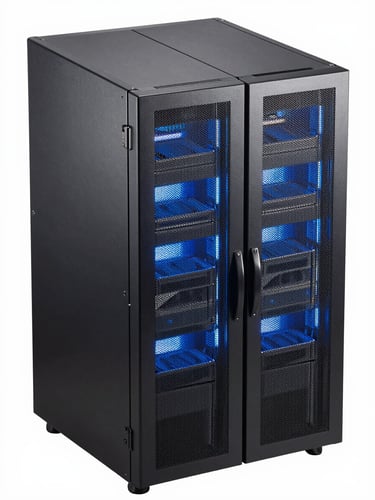 Frontal isometric view of a clean enterprise server rack, cold blue LED lights, brushed steel texture, technical precision framing, high definition.