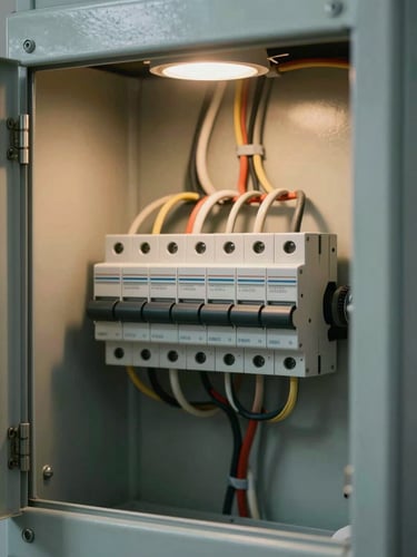 Close-up of a newly completed residential electrical panel interior, circuit breakers neatly labeled and wired, warm tungsten ambient light from a nearby fixture illuminating the clean wire runs inside the enclosure, photographed on-site in an unoccupied utility room