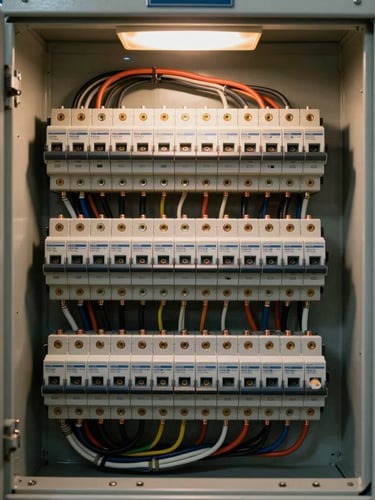 Overhead close study of a residential electrical panel interior — neat wire management, labeled breakers, copper lugs torqued to spec, tungsten ambient light from above, no hands in frame, sharp focus on the bus bar and terminal connections, warm color temperature, industrial realism