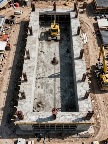 Wide overhead orthographic frame of an active construction site — concrete foundations and steel framing mid-pour, heavy equipment casting long shadows, natural midday light, no people visible, documentary framing from directly above