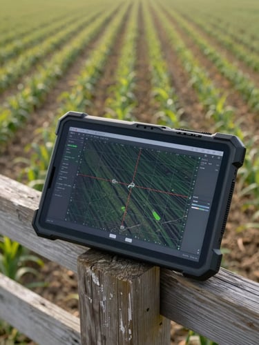 Close overhead shot of a drone-generated 2D orthographic mapping output displayed on a ruggedized tablet resting on a wooden fence post at the edge of a crop field, natural daylight, field rows visible in the background, data grid lines and acreage markers clearly visible on the screen