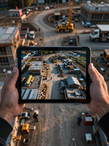 Wide overhead shot of an active construction site from drone altitude, orthographic mapping grid overlay visible on a tablet screen held at the site edge, natural golden-hour light, no people as primary subjects
