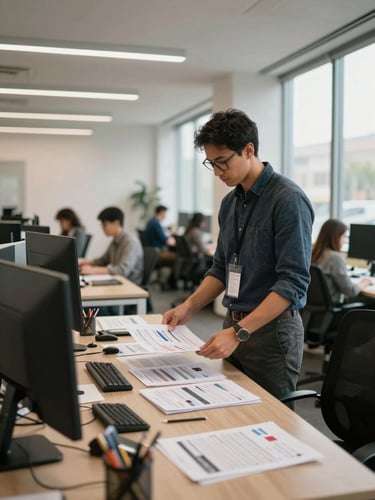 Wide shot of an open-plan office floor during business hours, hiring manager at a standing desk reviewing printed candidate materials, warm window daylight from the right, other colleagues visible at desks in the background, medium depth of field
