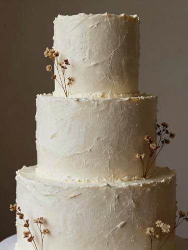 Elegant multi-tiered custom cake with minimalist white textured frosting, adorned with delicate dried botanical elements, warm side lighting