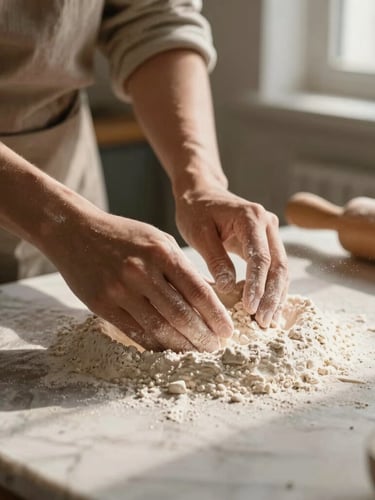 A close-up of hands dusting organic flour over a marble workspace, soft morning light filtering through a window, warm beige tones.