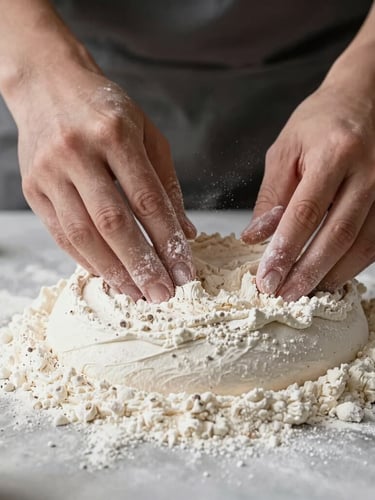 Close-up of hands dusting organic flour over a beautifully shaped cake, soft morning light