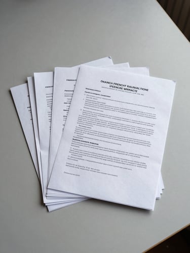 Overhead flat-lay of a neat stack of French real estate documents on a pale grey desk, cool diffused studio light from above, pages slightly fanned to show multiple sheets, no text visible, clean and organised