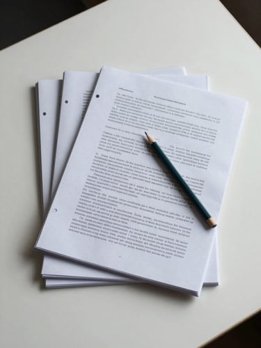 Overhead flat-lay on a white desk under cool even daylight — a neat stack of three document folders and loose A4 pages, one page slightly fanned open to reveal dense printed text, a pencil resting diagonally across the top sheet, no shadows