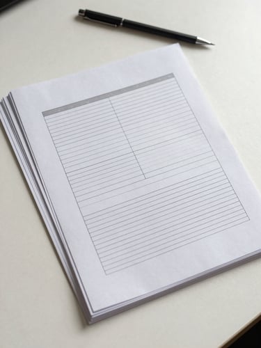 Overhead flat-lay of a printed PDF report on a clean pale desk, pages fanned slightly, a fine mechanical pencil resting across the top corner, cool even studio lighting, no text legible, document structure visible as ruled blocks