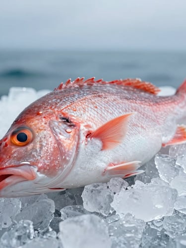 Extreme close-up of a glistening whole red snapper resting on clean crushed ice, sharp macro focus, cool overcast daylight, deep ocean blues, 35mm