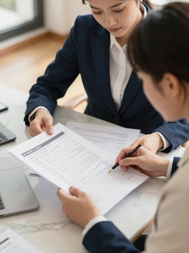 A focused young professional reviewing academic transcripts and visa documents at a clean marble desk, warm natural light, sophisticated navy tones, shallow depth of field, 35mm editorial style.