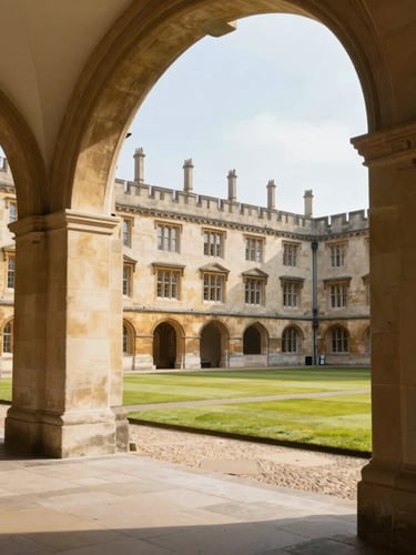 Wide environmental shot of a historic European university campus, warm morning daylight casting shadows on stone arches, shallow depth of field, 35mm.