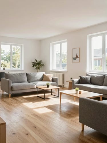 A bright, clean communal living room inside a supported housing facility, featuring minimalist modern furniture, light oak flooring, and large windows with natural daylight.