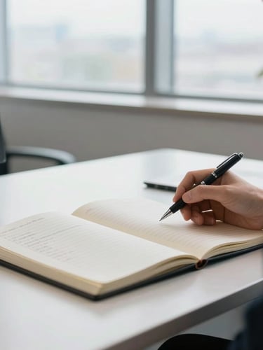 A professional social worker's desk in a bright, modern UK office, an open notebook with structured notes, a clean pen, soft natural overcast window light, professional and calm atmosphere.