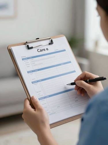 Close-up of a professional care worker's clipboard showing structured care plan templates, clean domestic background, natural overcast light