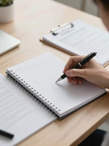 A clean, bright, natural overcast daylight photo of a professional social worker's structured notebook, a pen, and clinical documents resting on a light wooden table, highly organized layout.
