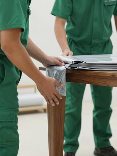 Close-up of professional moving crew in clean emerald green uniforms carefully wrapping a polished wooden table leg with protective double-walled packing material, bright daylight.