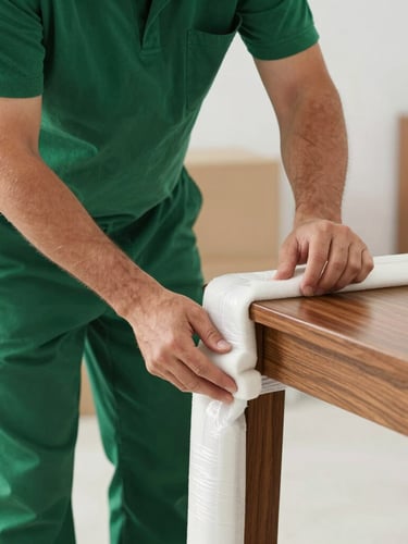 Close-up documentary shot of a professional mover in a clean green uniform carefully wrapping a polished wooden table leg with thick protective foam and stretch film, natural daylight