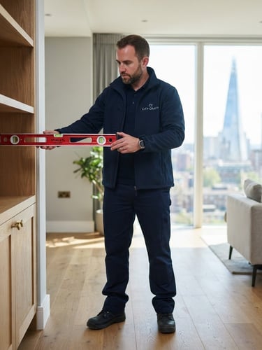 A professional craftsman in clean, branded navy work attire, holding a high-quality spirit level, standing in a bright, modern London apartment interior, natural daylight, sharp focus, 35mm