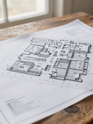 Close-up architectural detail of a physical site map and blueprint laid out on a rustic wooden table, soft natural window light, muted realistic earth tones, high detail