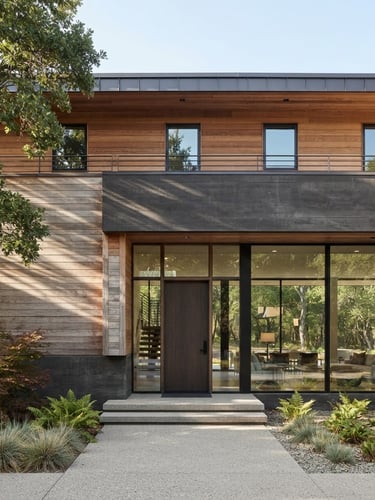 Straight-on architectural photograph of a modern residential home facade, clean lines, warm cedar and dark concrete materials, bright natural daylight, soft shadows, wide-angle lens