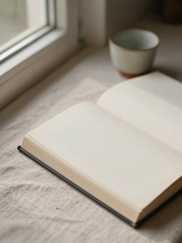 Overhead close-up of a closed hardcover book resting on a linen-textured surface beside a small ceramic cup, soft north-facing window light from the left, warm cream tones, quiet and still