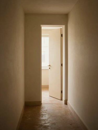 Quiet interior hallway seen from inside a room, a tall narrow doorway open to soft diffused natural light beyond, warm ivory walls, the threshold slightly off-center to the right, generous dark foreground, no figures