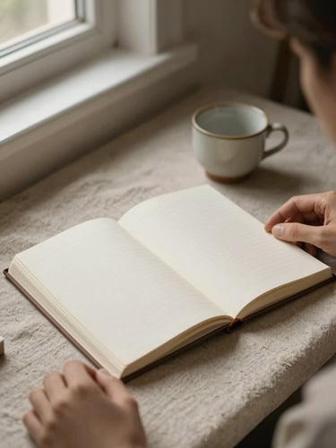 Close overhead view of a quiet study corner, an open journal resting on a warm linen surface beside a small ceramic cup, soft diffused window light from the left, hands partially visible at the edge of the frame, muted ivory and taupe tones