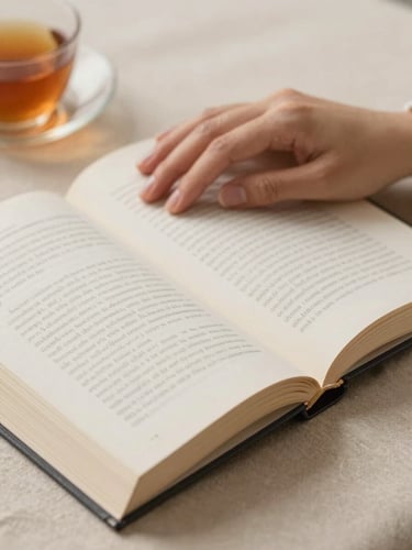 Close-up of a woman's hands resting on the open pages of a closed hardcover book on a warm linen surface, soft overcast daylight from the left, a small cup of tea just out of focus in the upper corner, stillness and pause