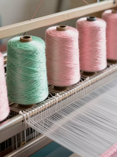 Macro close-up of pastel green and soft pink yarn spools feeding into a high-speed weaving loom, bright diffused studio lighting