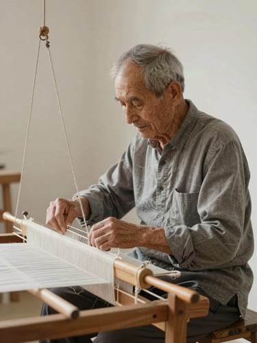 Dignified portrait of an elderly master weaver at a traditional wooden loom, soft side daylight illuminating detailed hand movements and raw cotton threads, minimalist composition