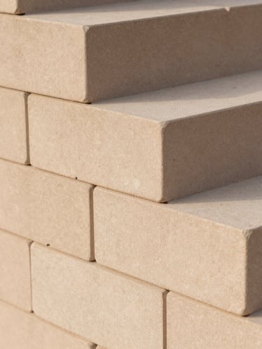 Architectural close-up of hand-carved terracotta blocks stacked in a geometric pattern, soft natural daylight casting gentle shadows, warm neutral tones