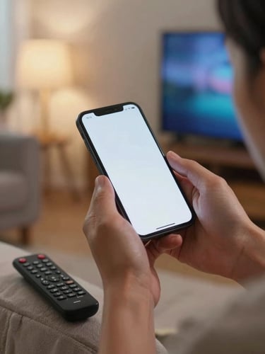 Close-up of hands holding a smartphone mid-call, screen lit, tungsten living-room light from the left, TV glow visible in background, remote resting on armrest beside them