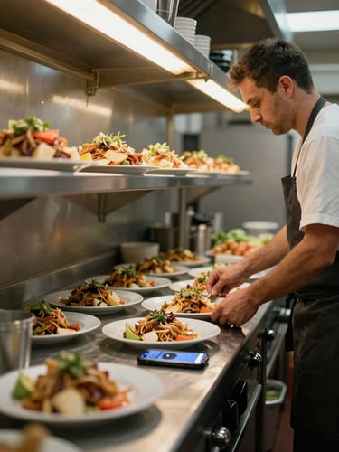 Wide environmental shot inside a small restaurant kitchen, owner's hands arranging plates on a stainless steel pass, warm tungsten overhead light, phone screen glowing on the counter beside the food, natural depth of field