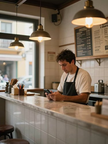 Wide environmental shot inside a small Spanish restaurant, owner standing behind the counter glancing at a phone screen, warm tungsten light from pendant lamps above, tiled walls and stacked menus visible in the background, natural daylight filtering through a front window to the left