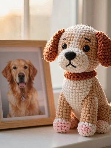 Warm editorial portrait of a custom dog amigurumi sitting next to a framed photo of the real golden retriever that inspired it, golden hour window light, soft textures