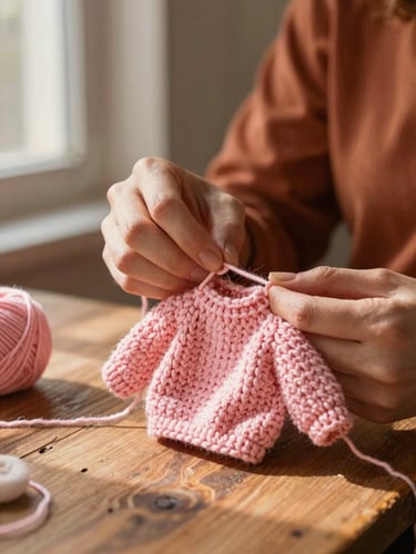 An artisan's hands carefully crocheting a tiny pink sweater with fine cotton yarn, warm afternoon light casting soft shadows on a rustic wooden table
