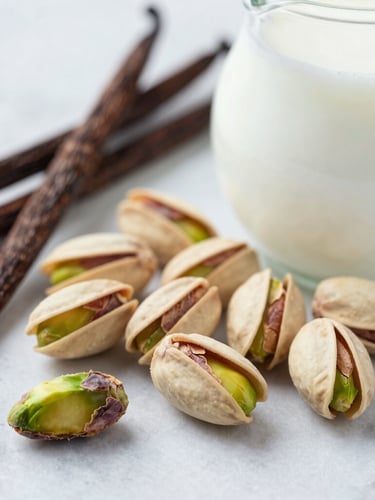 Macro food photography of raw ingredients on a light marble surface, including cracked green pistachios, freshly scraped vanilla beans, and a small jug of fresh local milk, soft natural daylight.